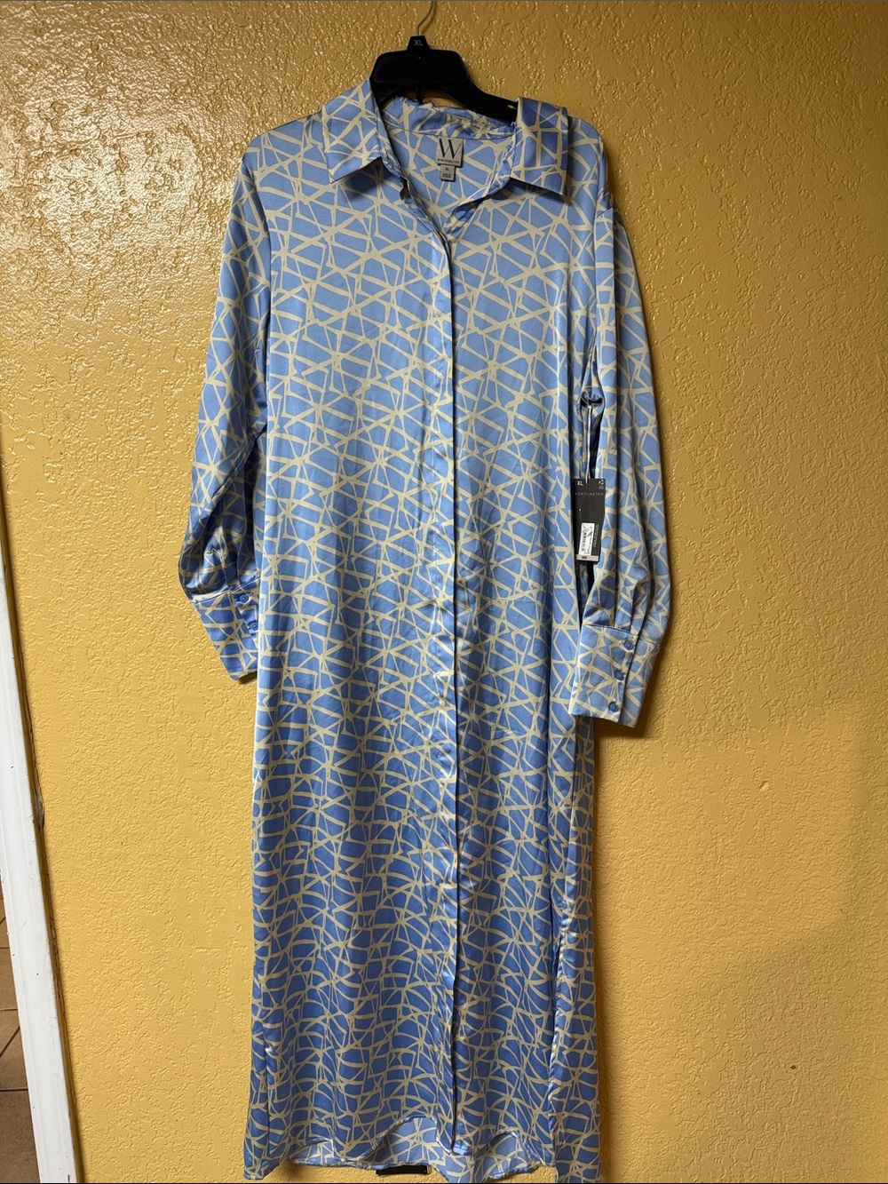 Worthington Light Blue & Ivory Geometric Long Sleeve Shirt Dress